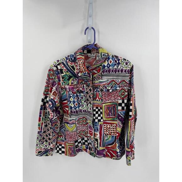 Chico's Colorful Abstract Art To Wear Button Up Jacket Top Size 2 - Picture 1 of 9